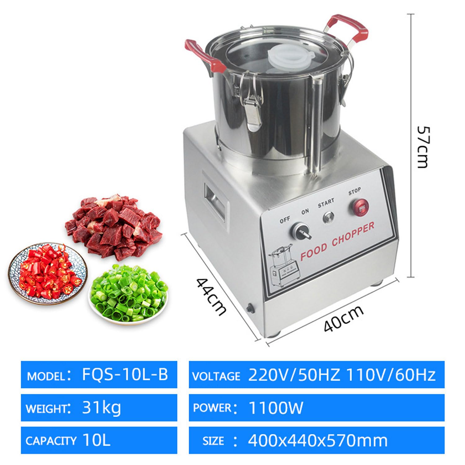 Cortador De Alimentos Comercial, Trituradora De Verduras De Acero Inoxidable De 10 L, Picadora De Carne Eléctrica Desmontable De 1100 W con Puerto De Alimentación Grande, Picadora De Verduras