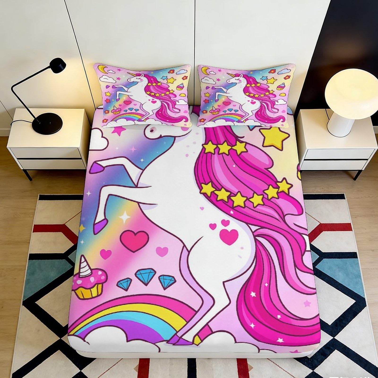3D Printed Unicorn Rainbow Fitted Sheet Microfiber Pink Cartoon Heart Bed Cover for Bedroom Dorm Mattress Protector 120x200x25cm