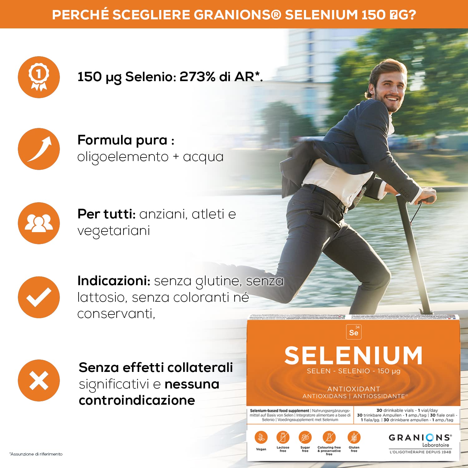 Granions Selenio 150 µg, Immunità, Antiossidante, Capelli e Unghie, Integratore Alimentare, 30 Fiale = 30 giorni