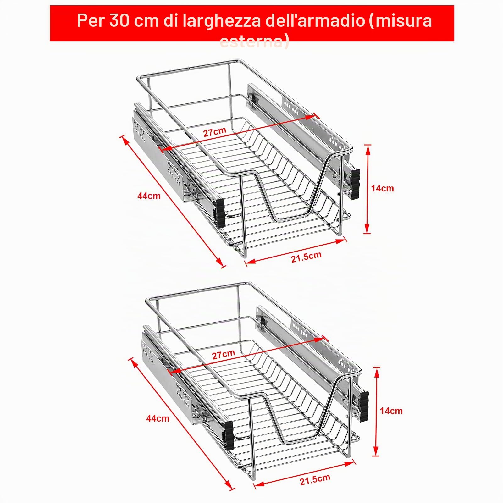 Froadp Cassetto Telescopico Estraibile Mensola da Cucina Ripiano Scaffale con Guide Scorrevoli Cestelli a Rete Stoccaggio Portabicchieri per 30cm Cucina Armadi (Larghezza effettiva 27cm, 2 pezzi)