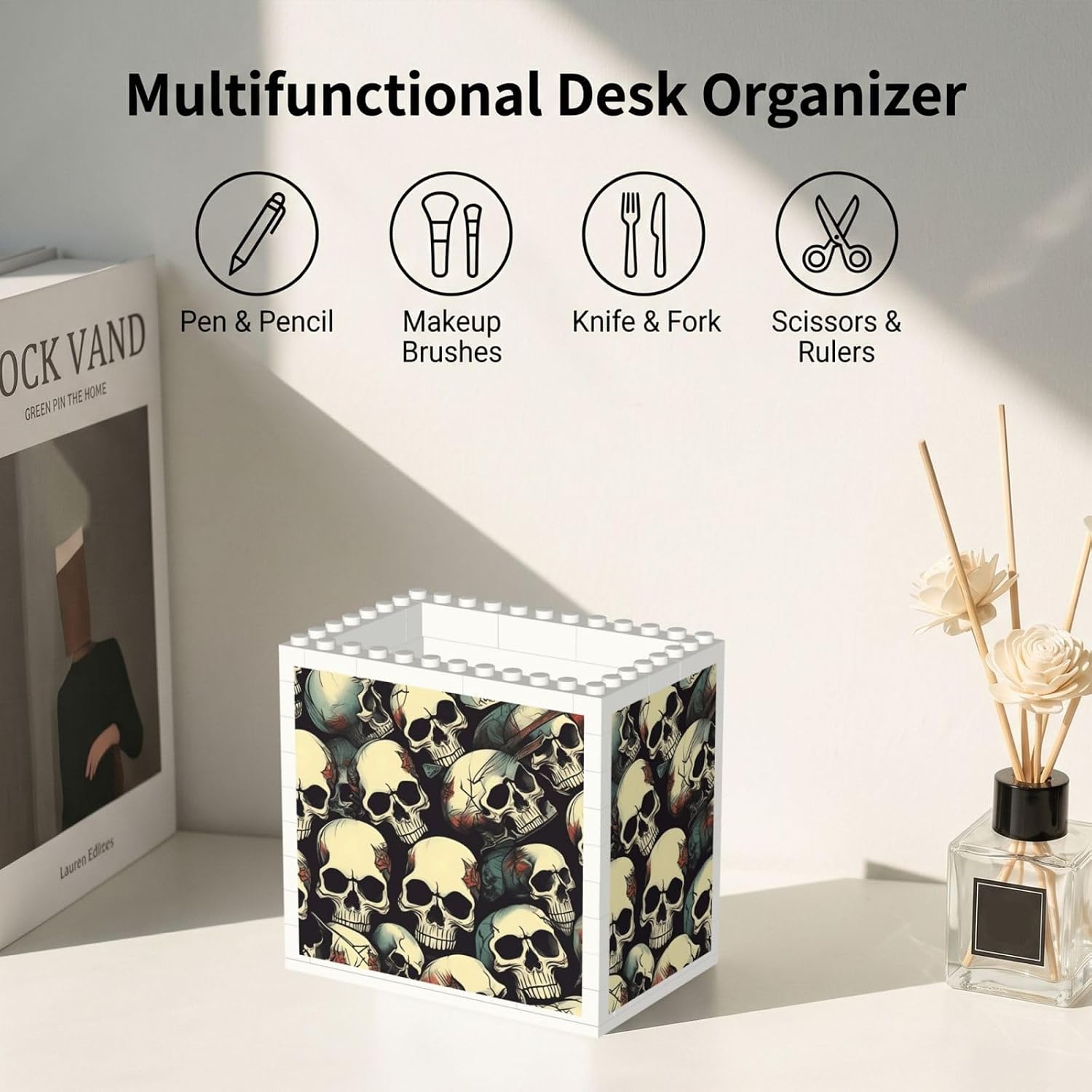 Skull Skeleton Print Uv Print Block Pencil Cup, Detachable Creative Block Desk Organizer Office Abs Pen Holder image 5
