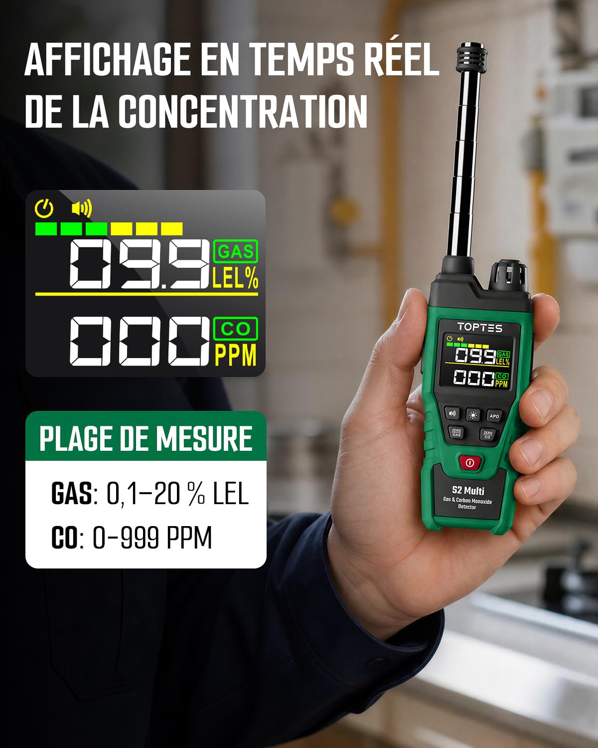 TopTes S2 Multi Detecteur De Gaz & Detecteur Monoxyde Carbone Portable-GN