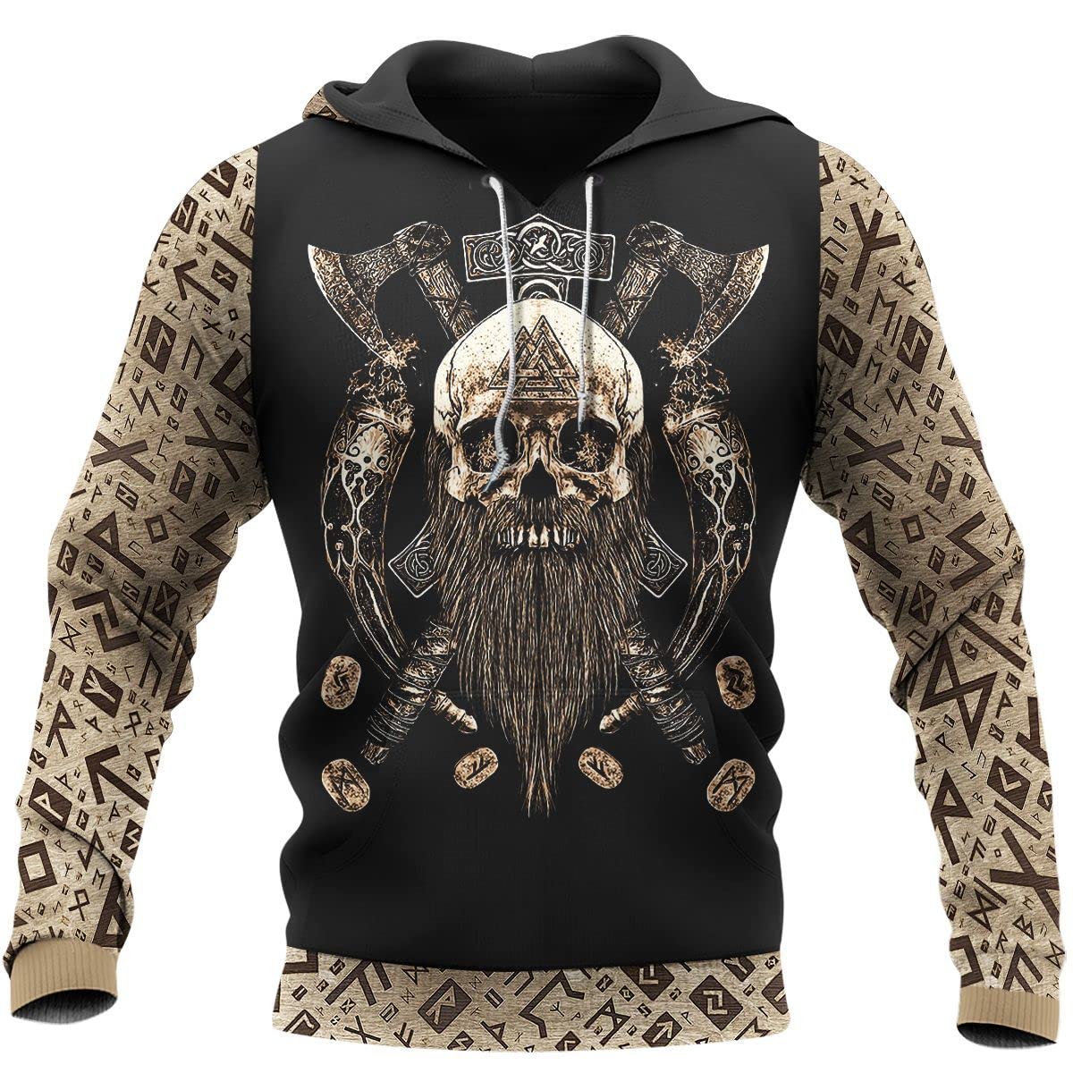 WSXJJ Viking Tattoo Valhalla Skull Sweatshirt Nordic Mythology Print Warrior Hoodie Men Retro Jacket Shirt Pullover,Skull Vegvisir Hoodie,3XL