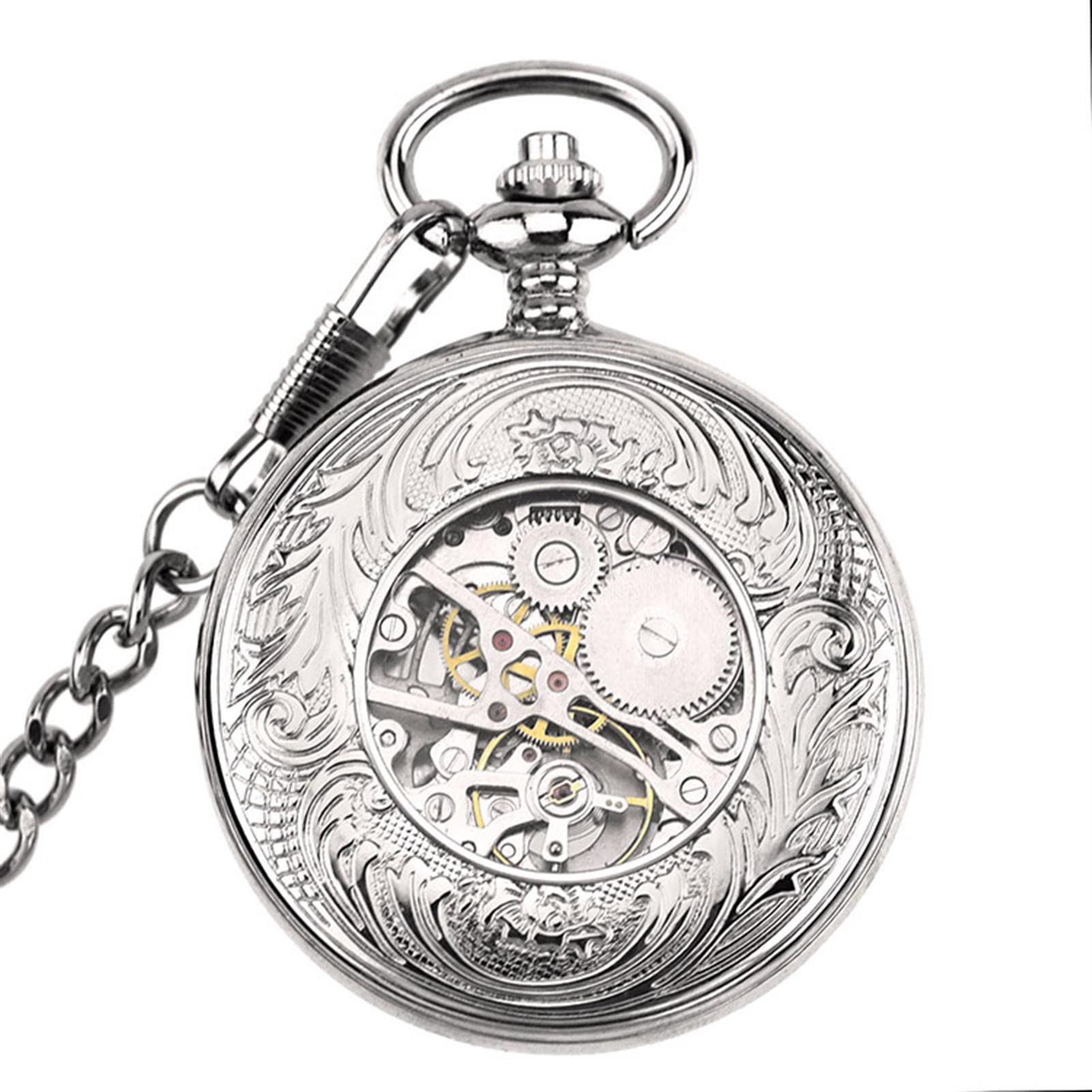 Mode Retro Taschenuhr Herrentaschenuhr, Antike Skelett mechanische Männer Steampunk mechanische Fob Uhren Uhr Anhänger Handaufzug(Silver)