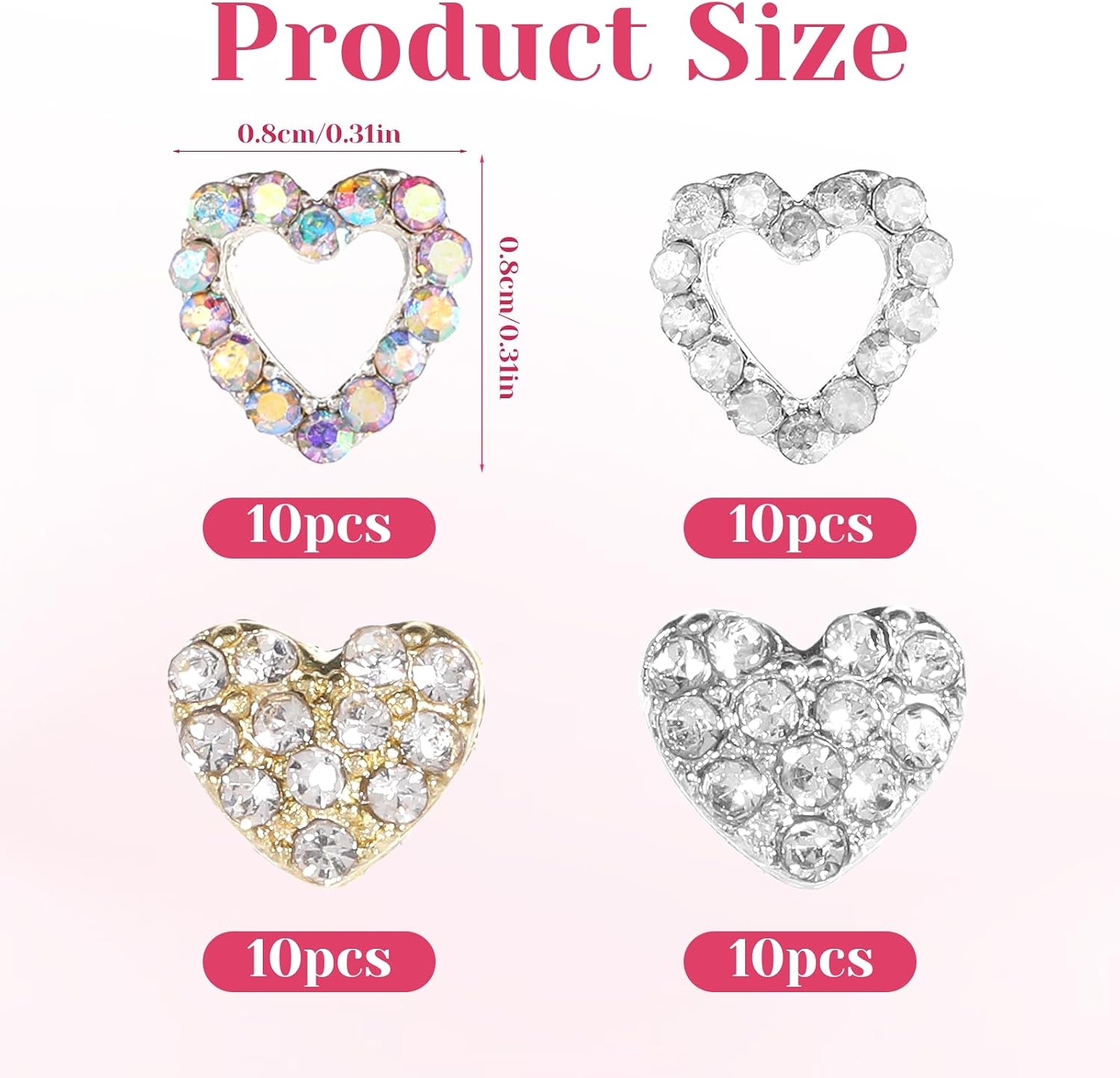 40 Pieces Heart Charms for Nails 3D Diamond Alloy Nail Heart Nail Charms Gems Rhinestones for Nails Art Supplies Women Design Valentine's Day Wedding Decor