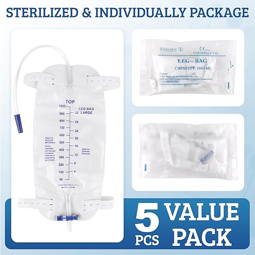 Miniatura 7 de Paquete de 5 bolsas de catéter fáciles de tocar con válvula antirreflujo  Bolsa de orina sin látex de 33.8 fl oz con correas de tela ajustables