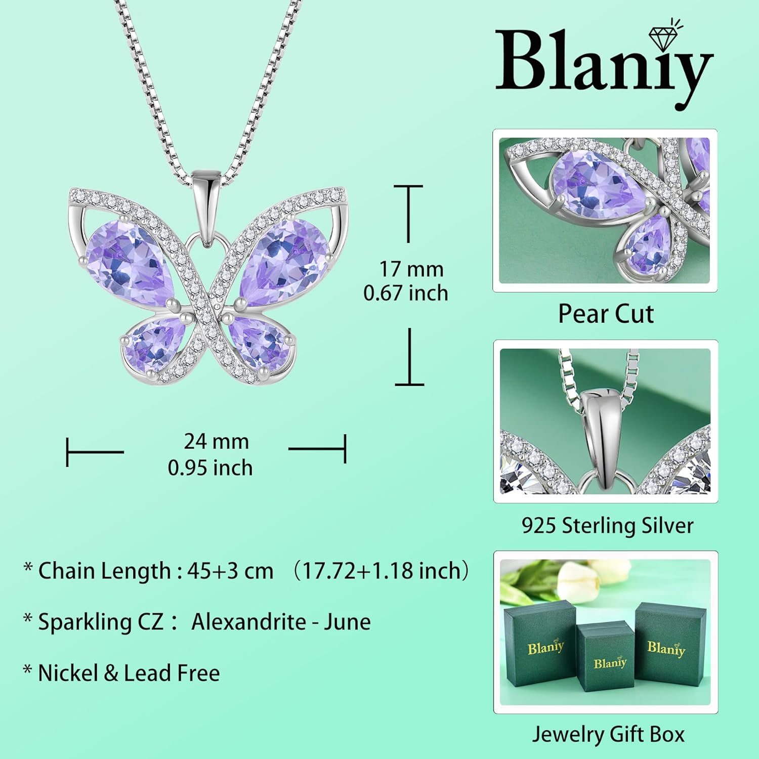 Butterfly Necklace for Women 925 Sterling Silver Birthstone Pendant Created Gemstone Jewelry Gifts for Her - Image 6