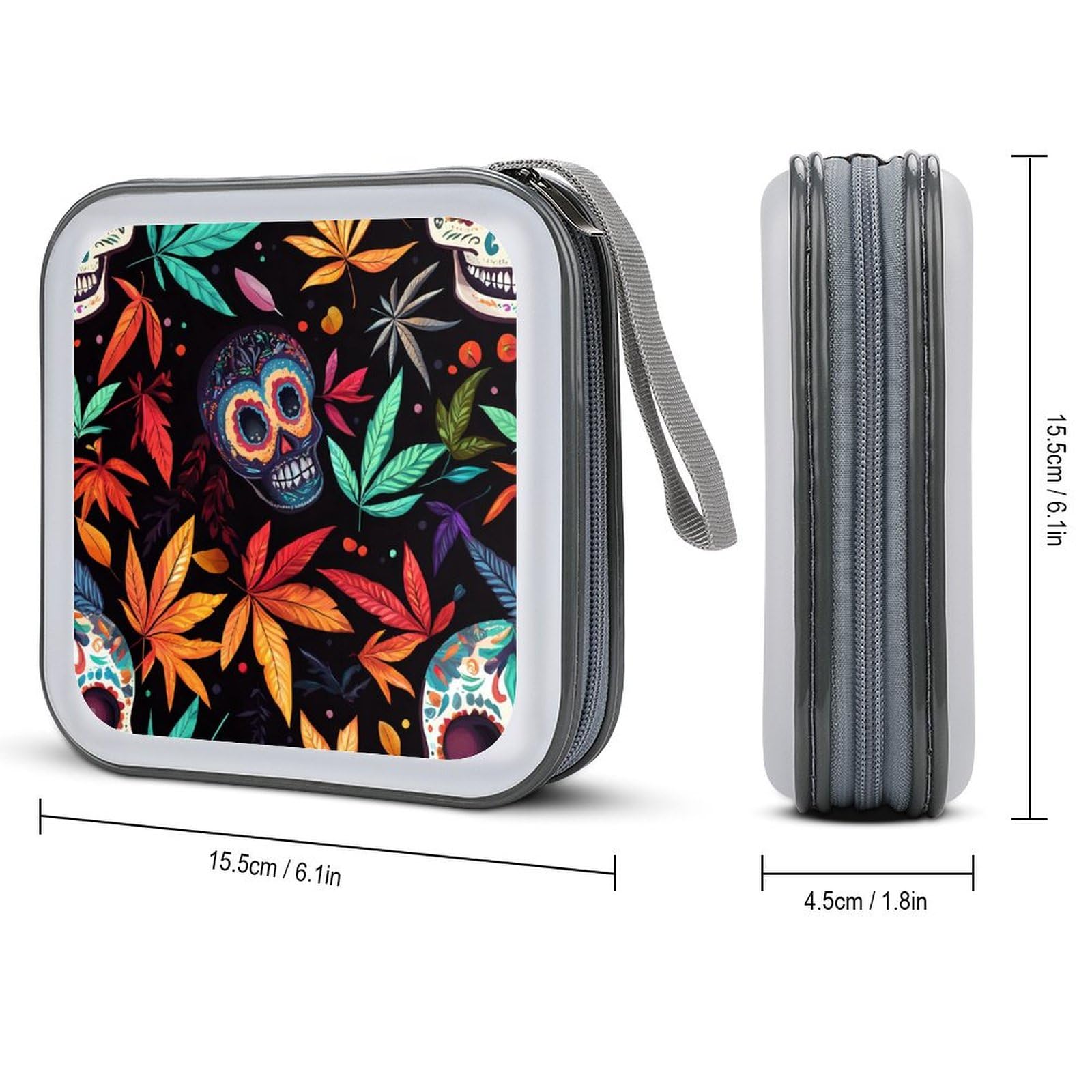 Colorful Skull Weed Plants CD Case Plastic DVD Case Holder Wallet Disc Storage Organizer for Car Travel