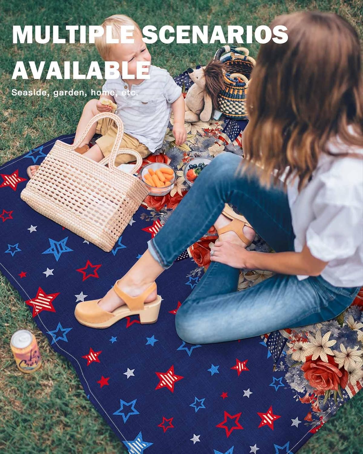 4th of July Watercolor Blossom Flower Beach Blanket Waterproof Sandproof Outdoor Picnic Mat 108"x84" USA Flag Patriotic Star on Blue Lightweight Large Beach Blankets with 4 Stake & 4 Corner Pockets