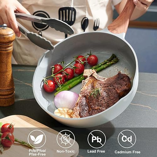 Miniatura 2 de Sartenes antiadherentes con tapa, sartén profunda de 11 pulgadas, antiadherentes, sartenes de cerámica con boquilla de vertido, sartén no tóxica