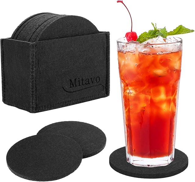 Mitavo Round Felt Coasters  10 Premium Set with Box, Glass Coasters in Black for Glass, Drinks, Glasses, Cups