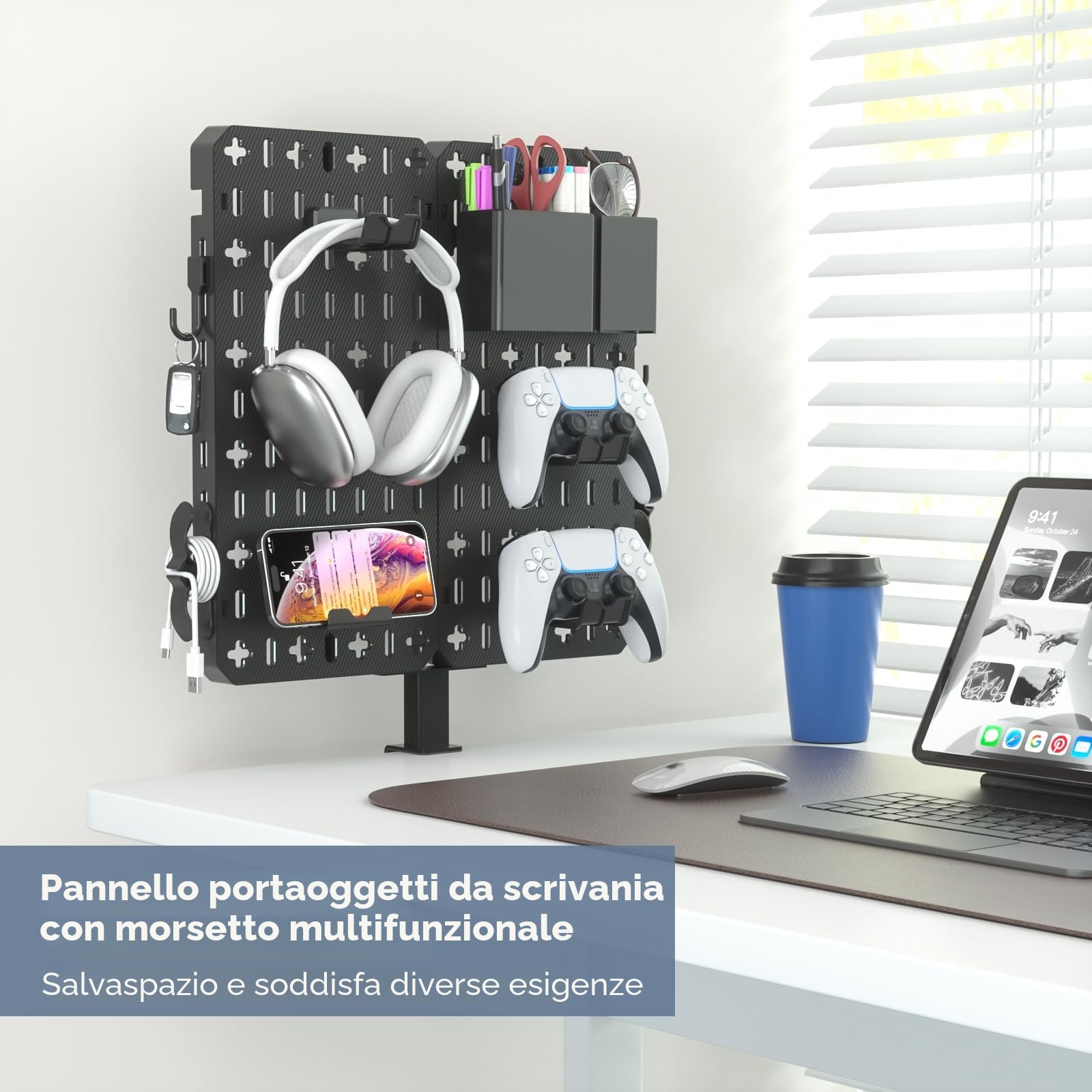 KDD Pannello Forato Scrivania - Versatile Kit di Pannelli Forati a Morsetto con Supporto Telefono/Penna/Scatola Portaoggetti/Supporto Cuffie e Controller/Ganci per Scuola Casa Ufficio Accessori