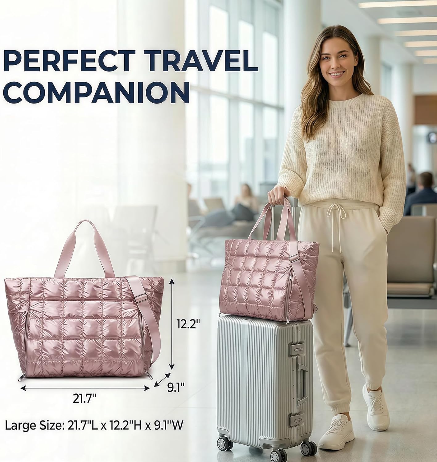 Large Tote Bag for Women, Lightweight Travel Tote Handbags, Puffer Tote Bag with Zipper, Yoga Bags Quilted Work Bag