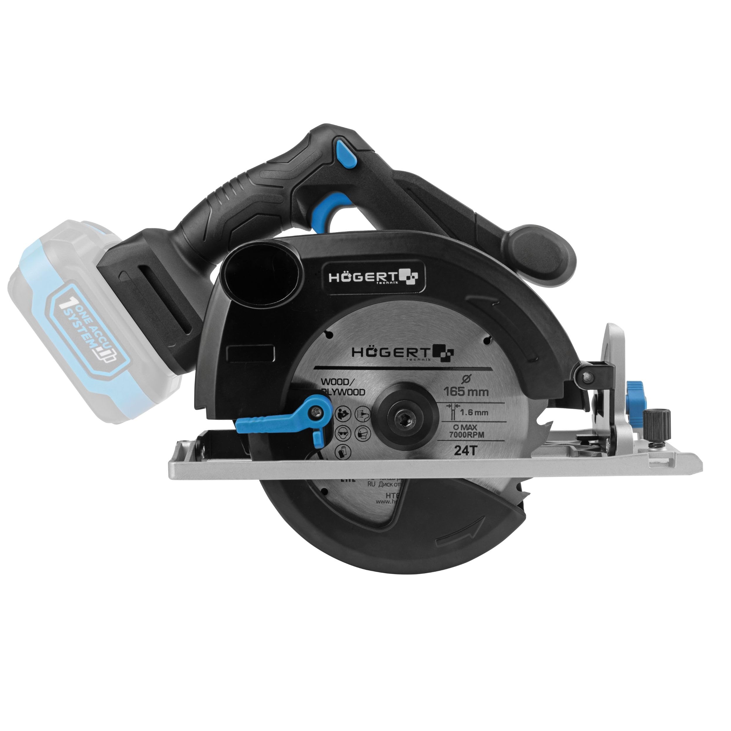 HÖGERT TECHNIK Akku-Handkreissäge 18V OneAccuSystem, bürstenloser Motor, 0-5000 U/min, 165 mm Blattdurchmesser, werkzeuglose Einstellungen, LED, Aluminiumschutz, für Holz, ohne Akku