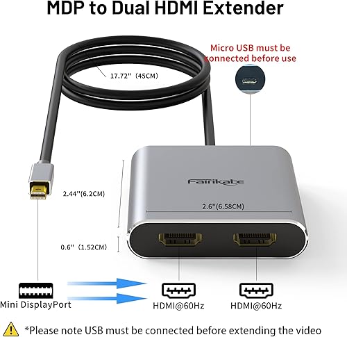 Miniatura 2 de Fairikabe Adaptador Mini DisplayPort a HDMI dual, 4K @60Hz, MST, SST, para laptop, PC, monitor, proyector y más