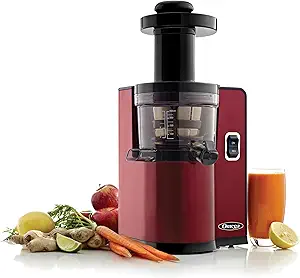 Omega Juicer Cold Press Vertical 43 RPM Slow Masticating Compact Juice Extractor for Fruits and Vegetables Quiet Operation with 3 Stage Auger Automatic Pulp Ejection and No-Drip Tap, 150-Watts, Red