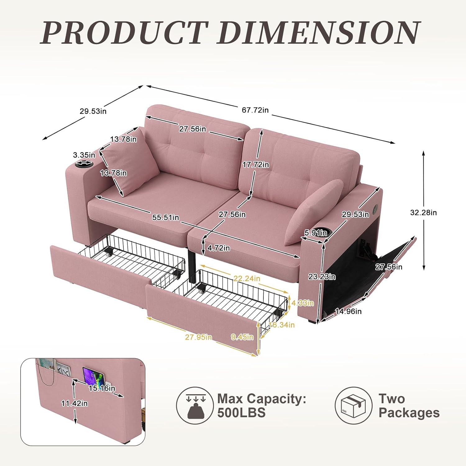 67" Small Loveseat Couch with Storage, USB Charging and Cup Holder, Space Saving Furniture, Modern Chenille Love Seat Sofa, Small Couches for Small Spaces, Bedroom, Apartment, Pink