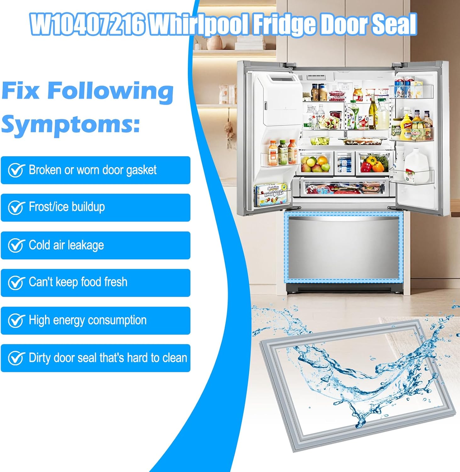 UPGRADED W10407216 Freezer Door Gasket Compatible with Whirlpool Refrigerator Freezer Door Seal W10248749 W10685869 KitchenAid Kenmore Refrigerator Door Gasket WRF736SDAM13 WRV986FDEM01 WRF736SDAM14
