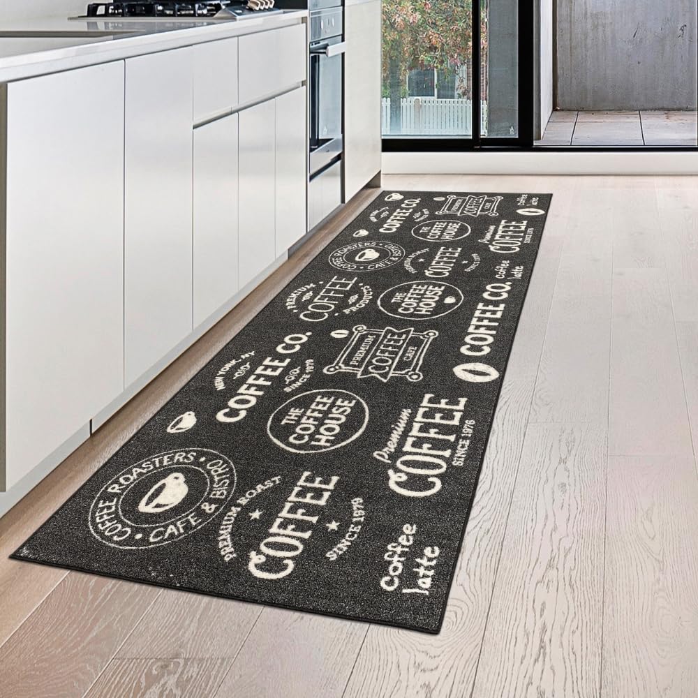 Teppich-Traum Tappeto da cucina Coffee nero con fondo in gel e scritte in bianco Dimensione 80x150 cm