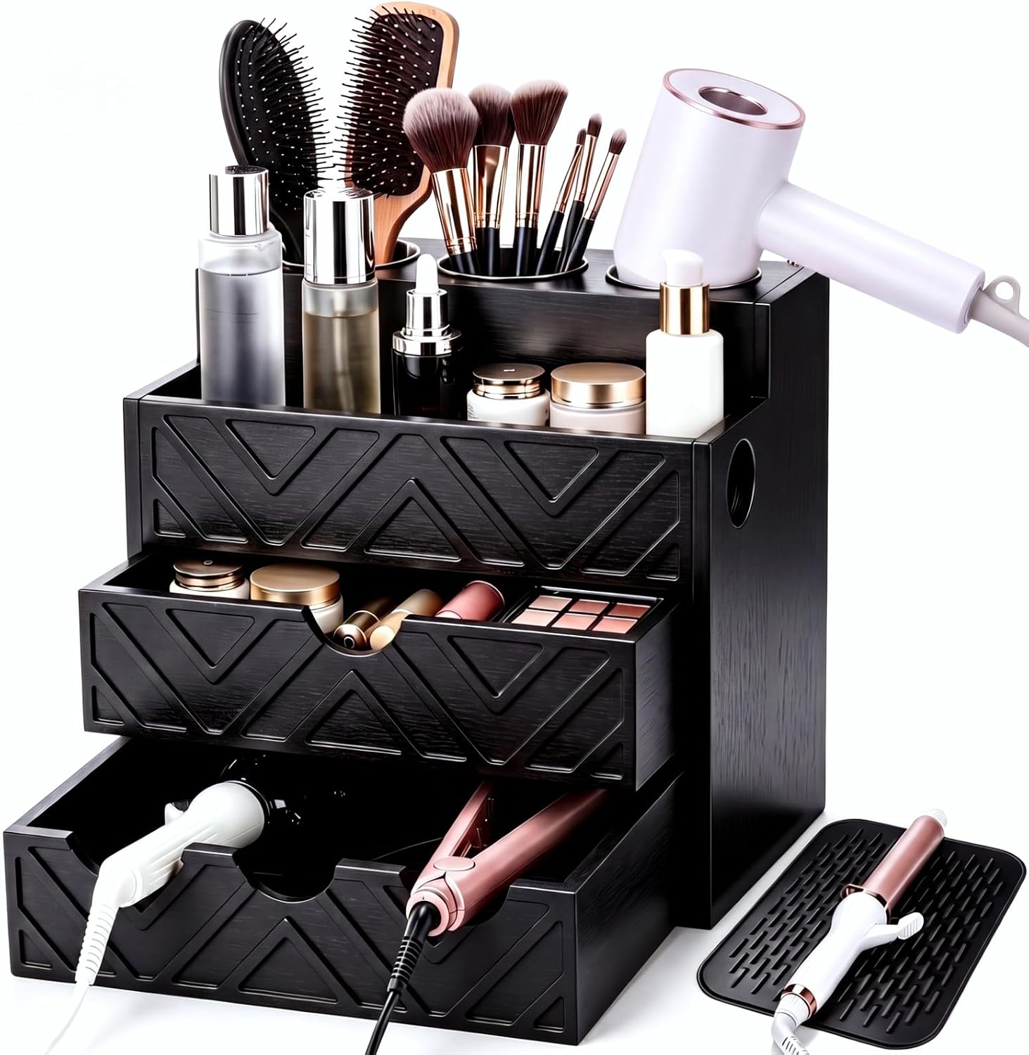 SiliFine Hair Tool Organizer with Heat Resistant Silicone Mat, Black