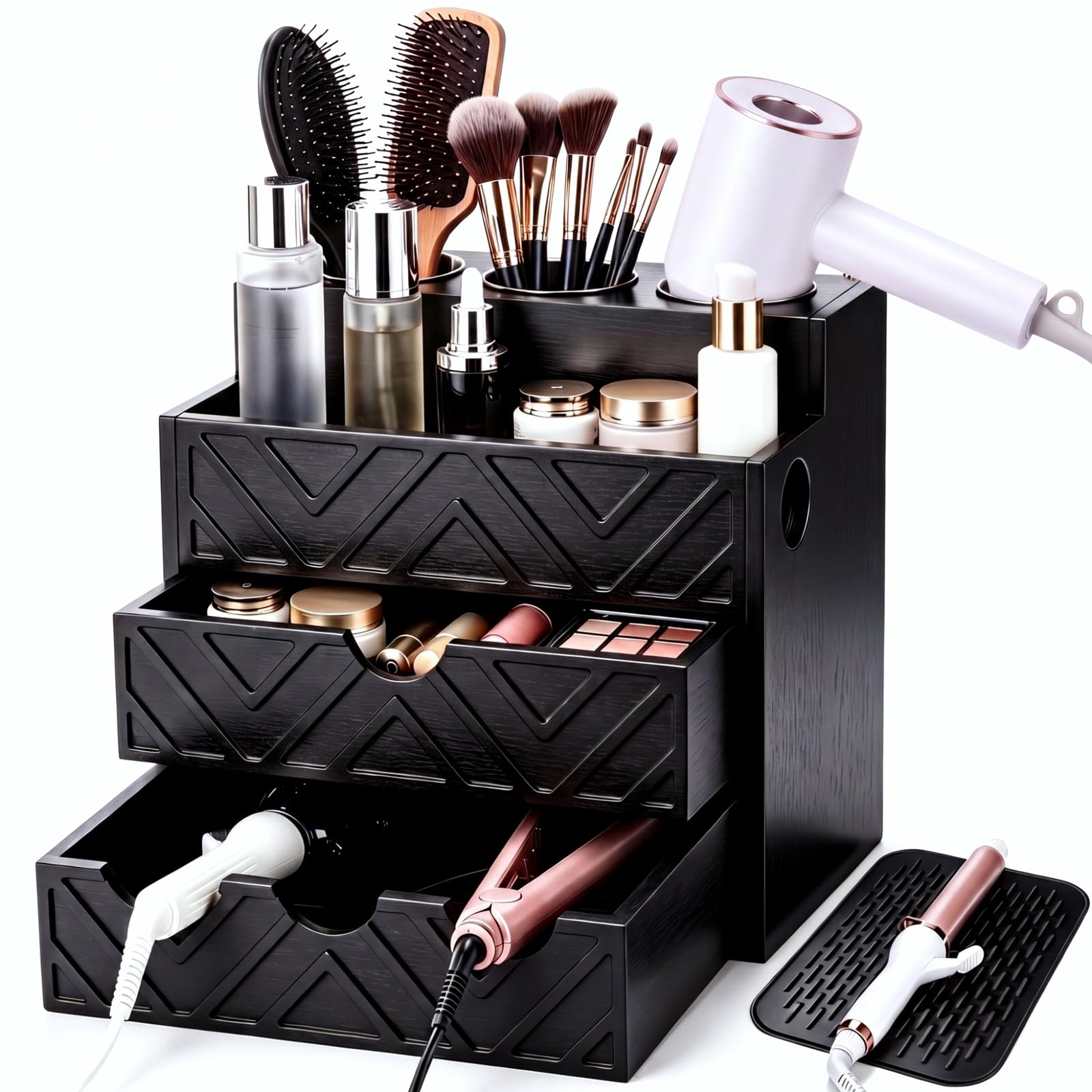 SiliFine Hair Tool Organizer with Heat Resistant Silicone Mat, Black