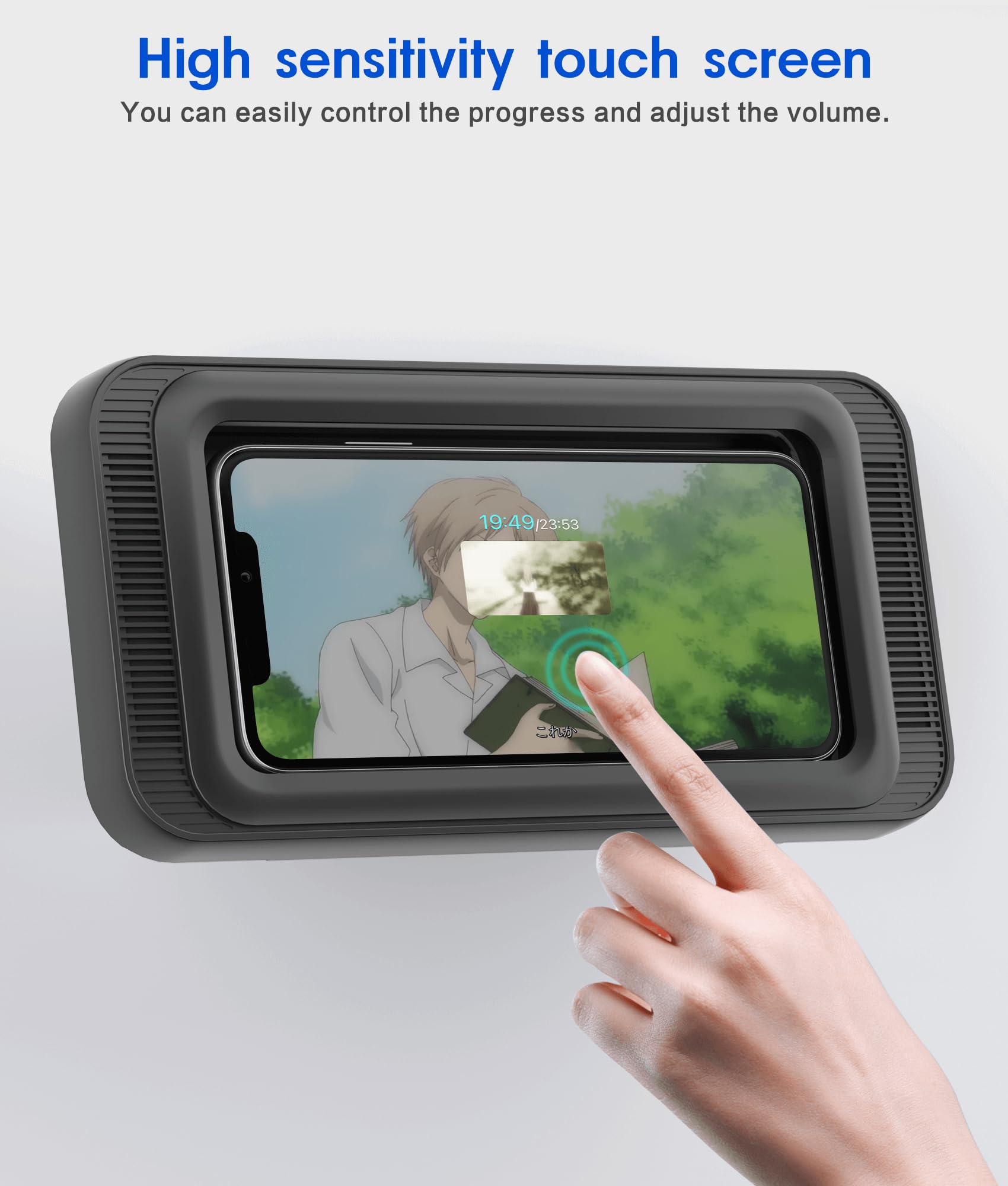 Waterproof Shower Phone Holder with 360° Rotation, Angle Adjustable, Enhanced Sound Quality, Wall Mounted Phone Holder for Bathroom Mirror Bathtub Kitchen, Up to 7 Inch (Black)