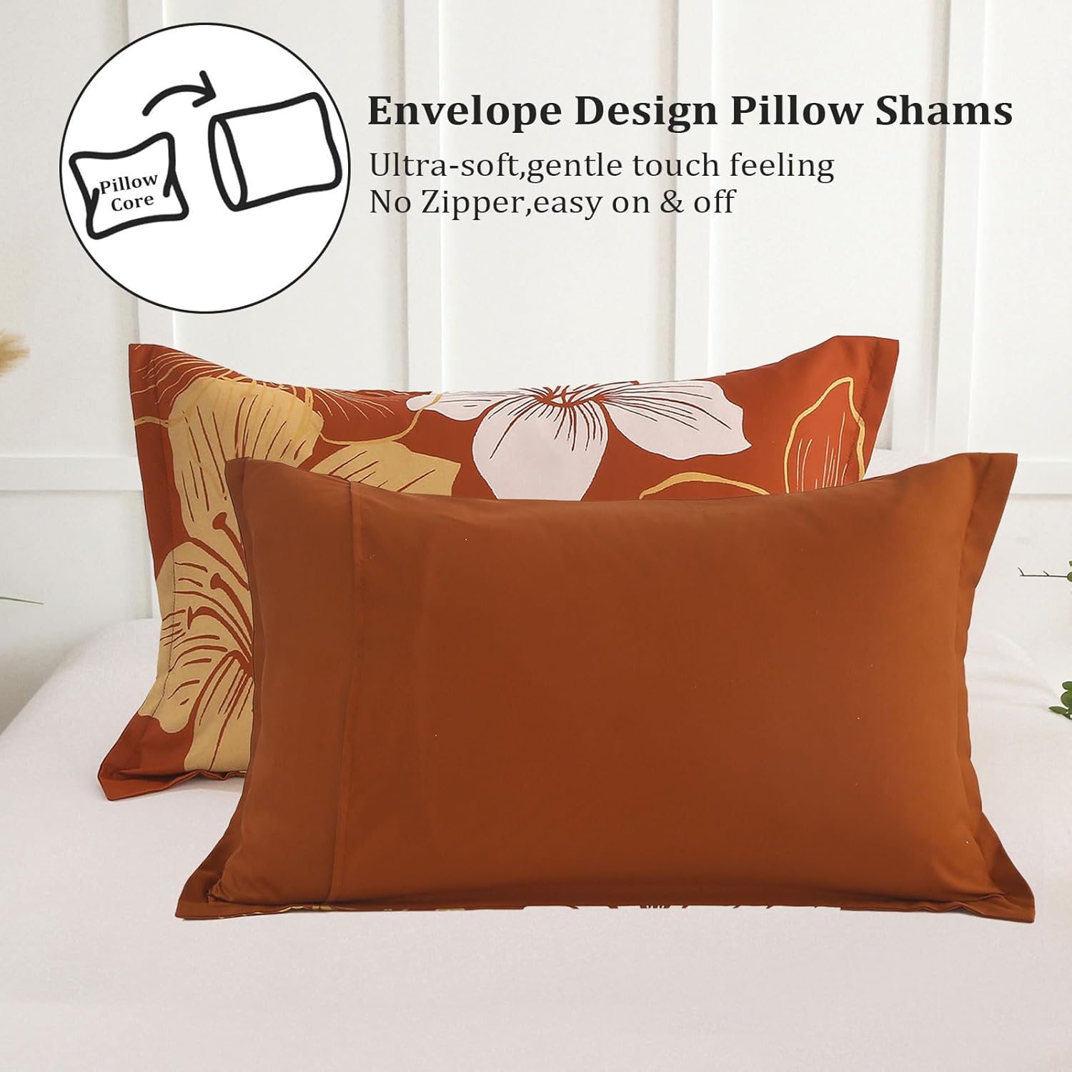 Menghomeus Burnt Orange Comforter Set Queen Gold Floral Comforter Terracotta Botanical Bedding Sets Soft Microfiber Thanksgiving Bed Comforter Set for All Season (1 Comforter, 2 Pillowcases) - Image 5