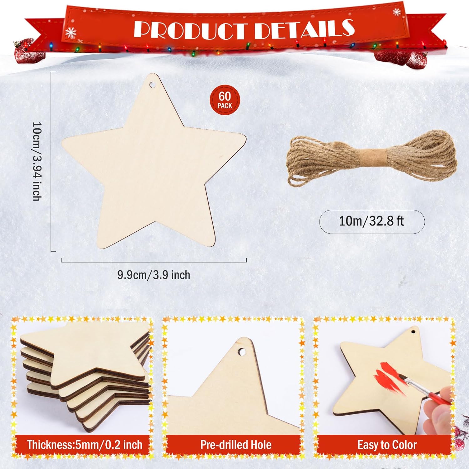 AWIZOM 60 Pcs Unfinished Star Wooden Ornaments Wooden Christmas Star Cutouts to Paint Blank Wood Slices with Twine for DIY Craft Present Tags Xmas Winter Holiday Hanging Decorations,3.94x3.9 Inch - Image 2
