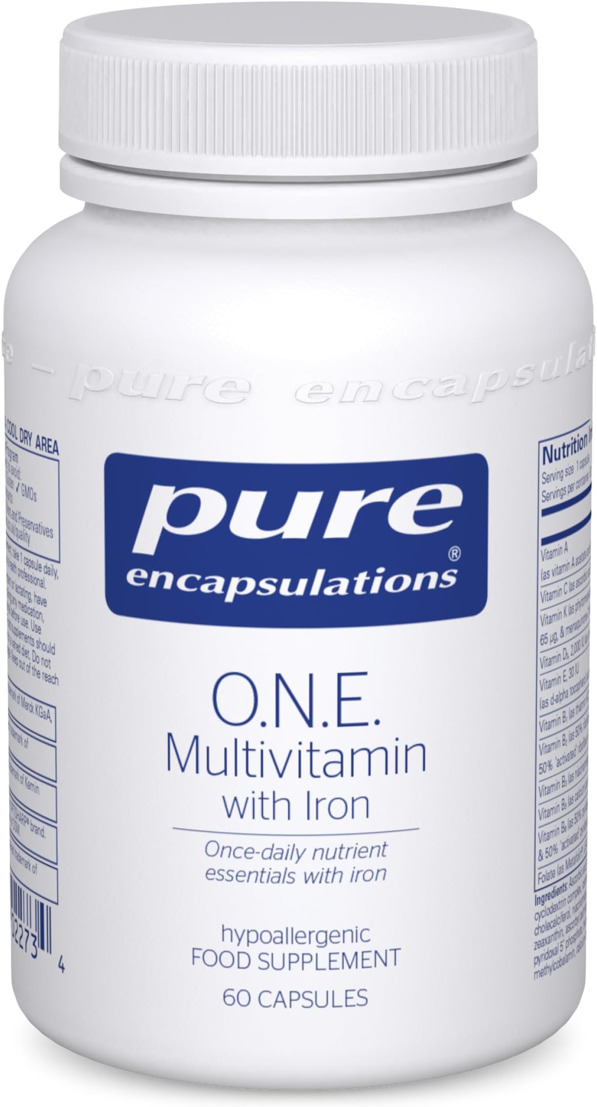Pure Encapsulations O.N.E. Multivitamin with Iron - with B Vitamins, Folate, Zinc and Vitamins A, B, C, D, E and K in Highly Bioavailable Forms, 60 Capsules