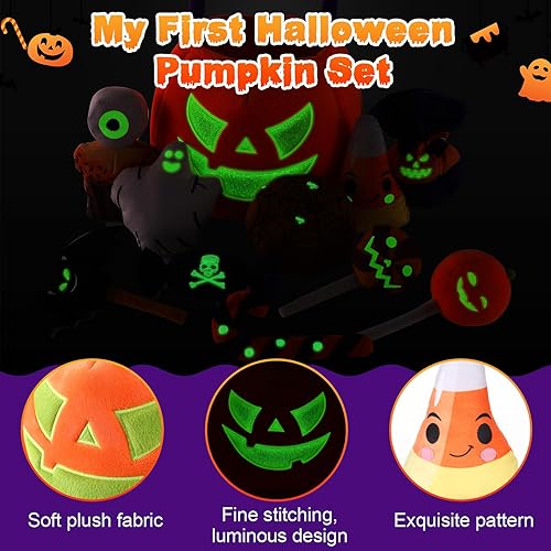 Miniatura 4 de Liliful 11 piezas de peluche de calabaza de Halloween, mis primeros juguetes de Halloween, juguetes de peluche que brillan en la oscuridad, cubo de