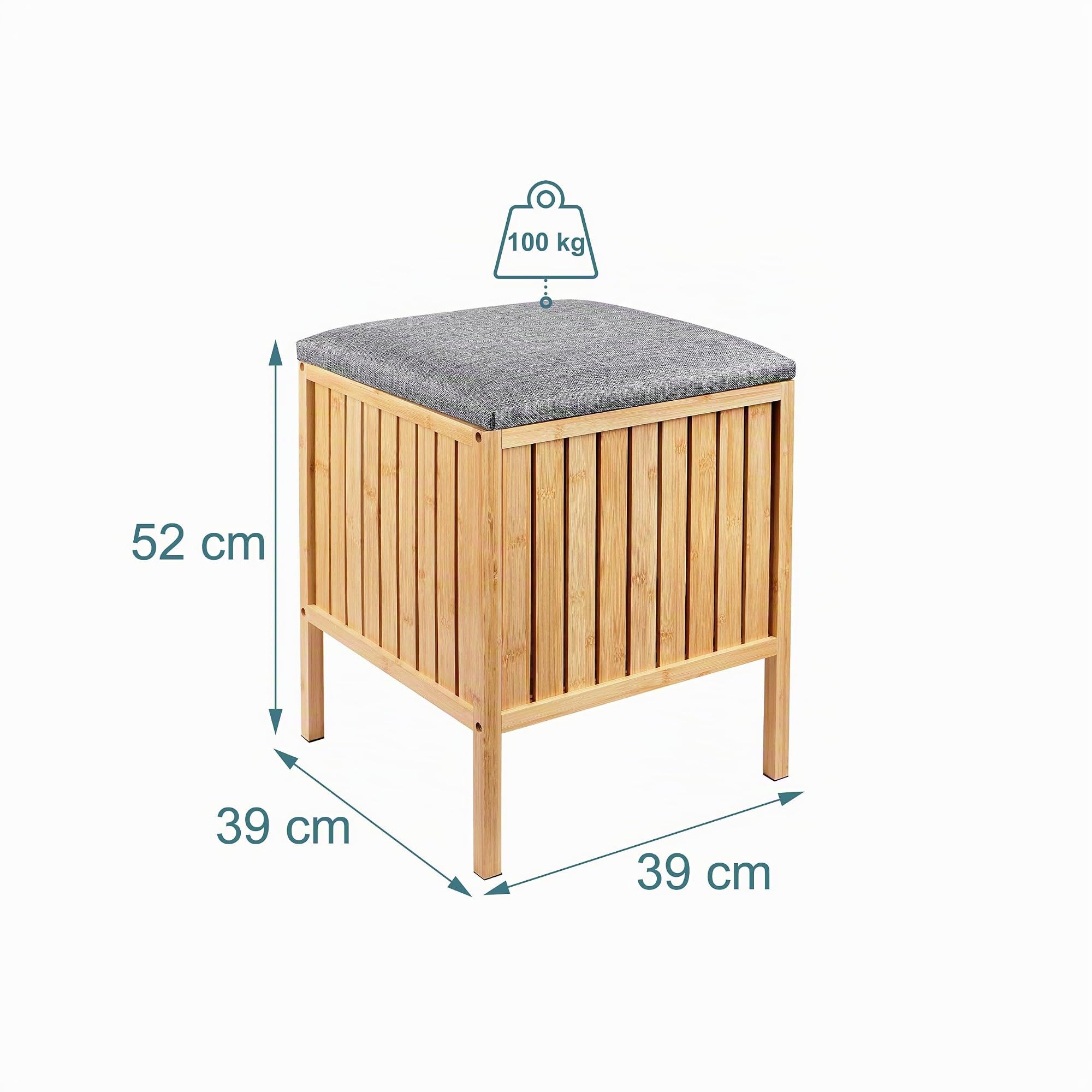 Relaxdays Panier à Linge en Bambou avec siège rembourré, Rangement, 52x39x39 cm, Naturel/Gris