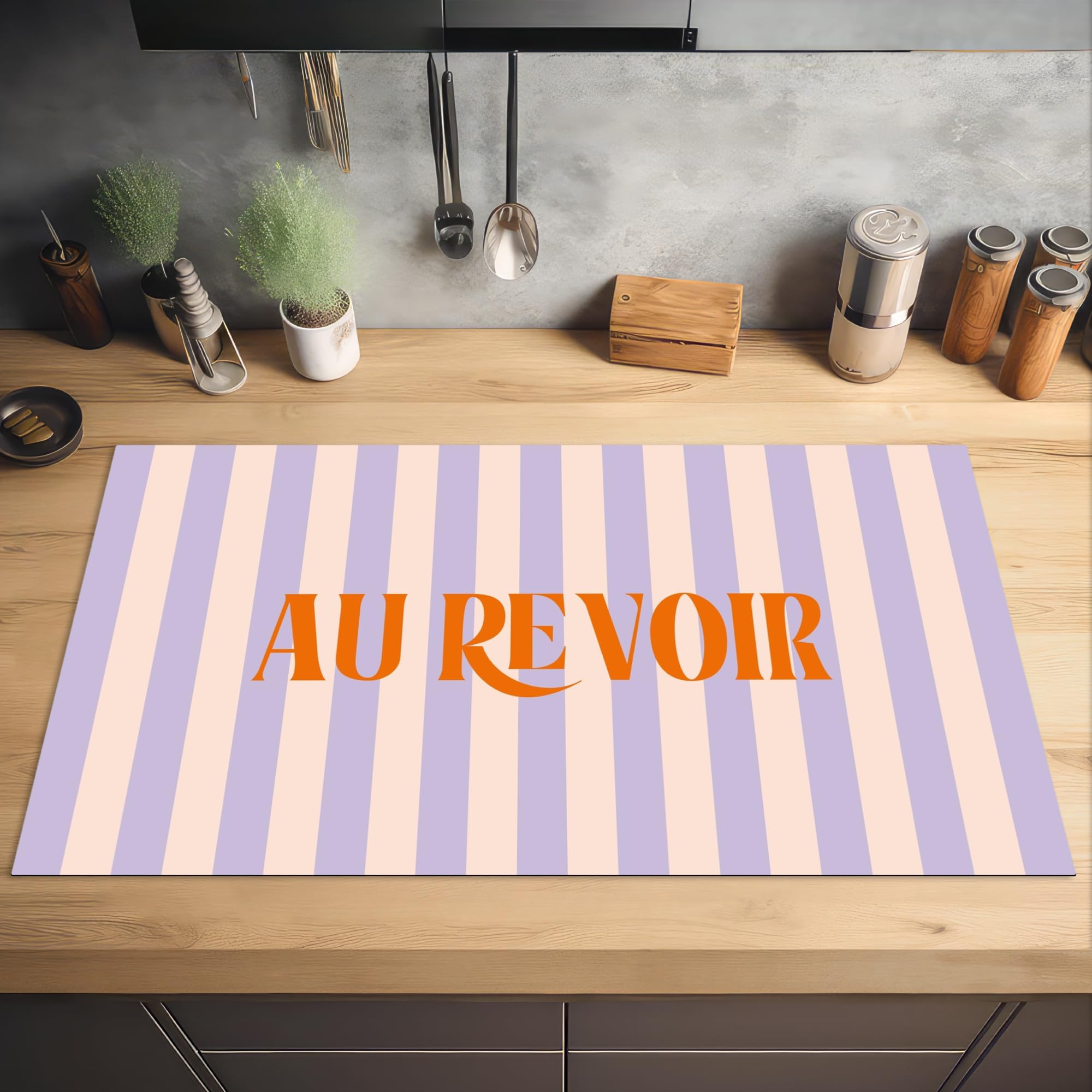 KitchenYeah© Protege Couvre Plaque De Cuisson Décoration Cuisine Tapis Protection Protecteur Induction 91x52 cm Lila - Orange - Rayures - Au revoir