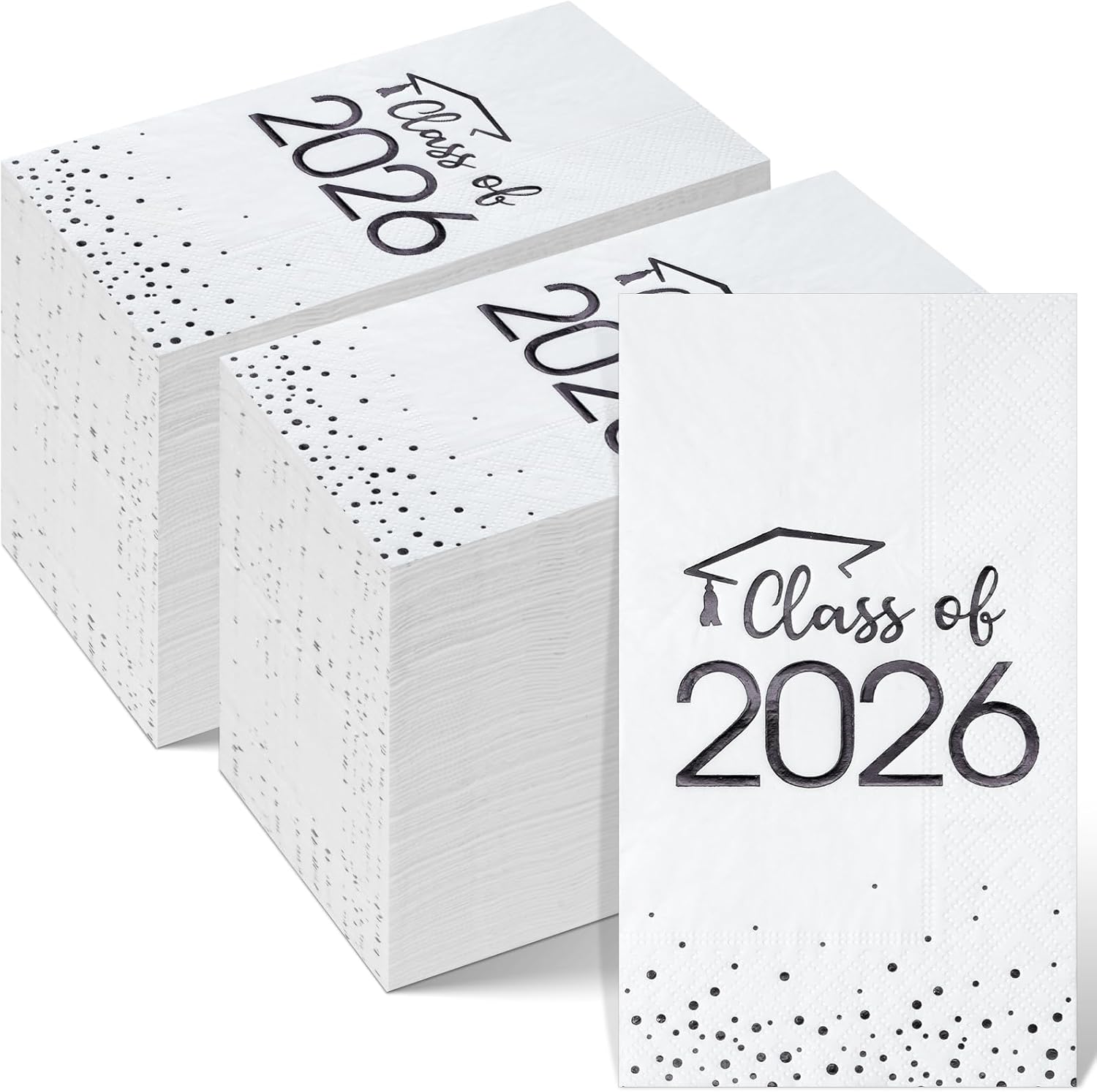 200pcs Class of 2026 Graduation Napkins, Disposable Congrats Grad Cocktail Napkins Foil Dot Paper Hand Towels for 2026 High School University College Graduation Party Decorations (White Black）