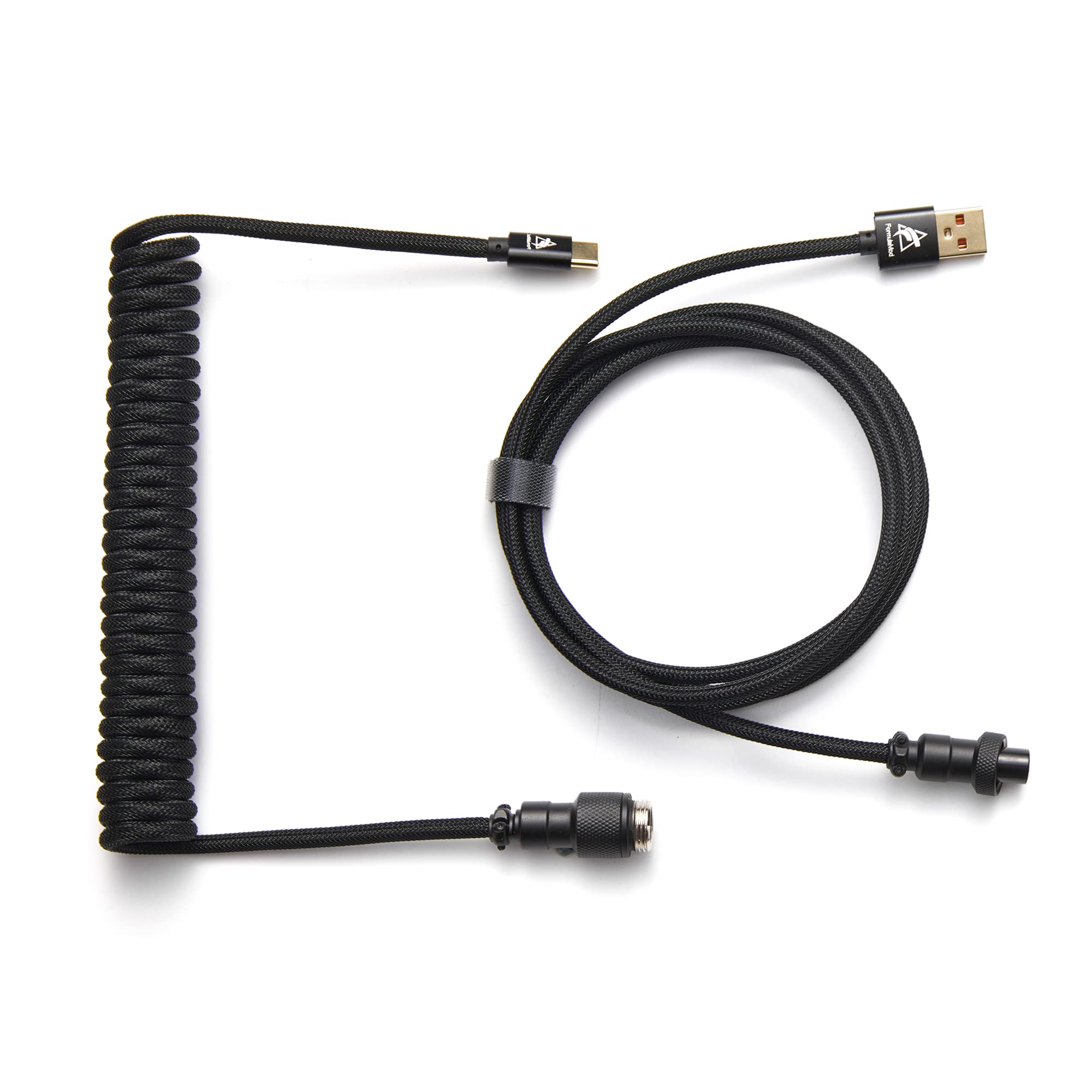 Formulamod Coiled USB C Keyboard Cable for Mechanical Keyboard, Coiled USB AviatorCable, Pro Double Sleeved Cable with Storage Bag. (Black)