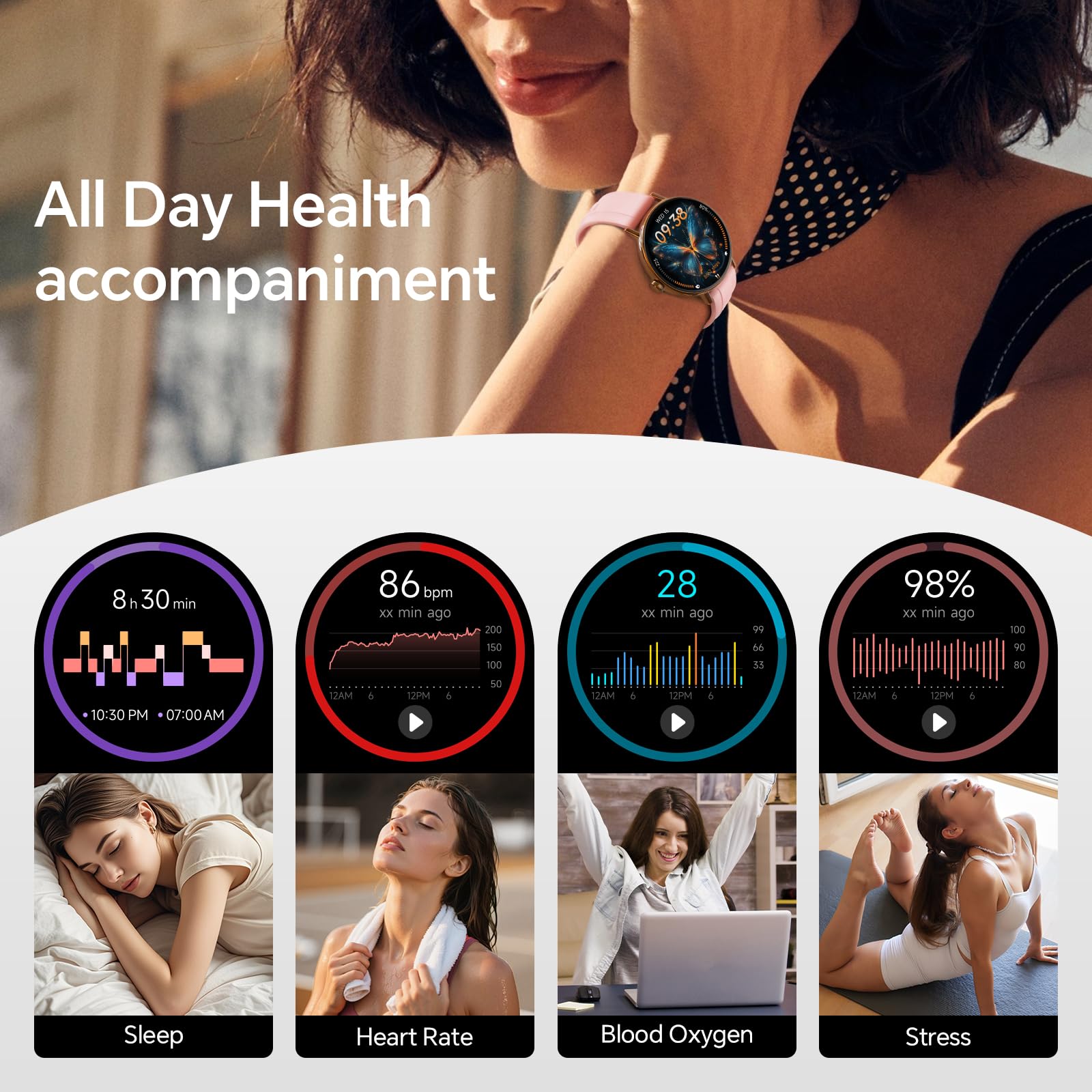 Smart Watches for Women,1.27" HD Fitness Tracker Answer/Make Call, Heart Rate/Sleep/SpO2，Round Smart Watch for iPhone/Samsung/Android,IP68 Waterproof，110+ Sport Mode-Pink(2 Bands)