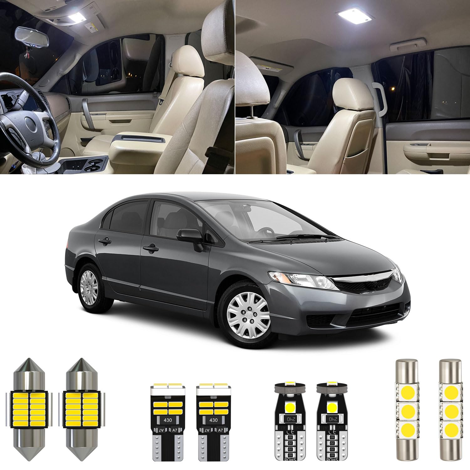 6 Piece 6000K White Civic LED Interior Light Kit Replacement for Honda Civic Sedan Coupe 2001 2002 2003 2004 2005 2006 2007 2008 2009 2010 2011, with Placement Diagram and Install Tool