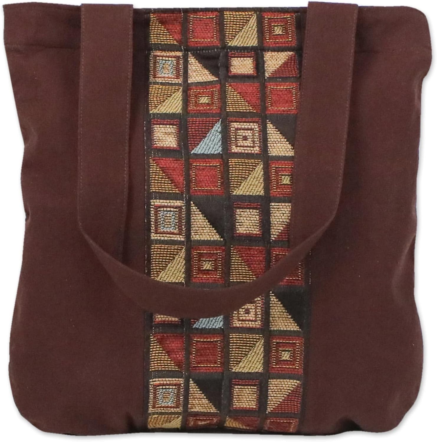 NOVICA Artisan Handmade Cotton Tote Bag Geometric Motif Brown Handbag from Thailand Handbags Patterned ' Native Geometry'
