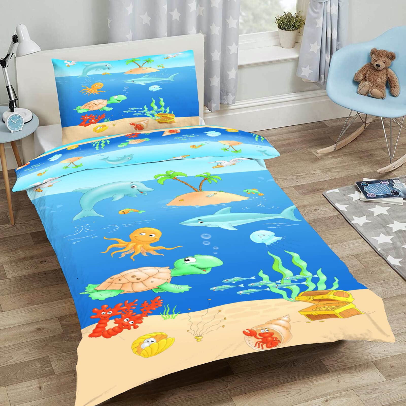 Kinderbettwäsche Sleep and Dream Lustige Meerestiere Fische Delfin Schildkröte Strand Renforcé, Größe:135 cm x 200 cm