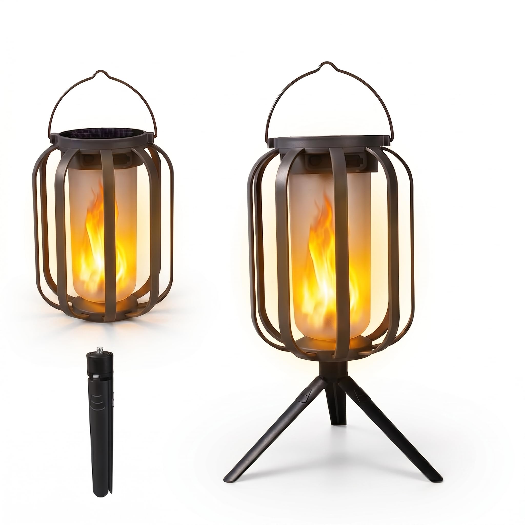 Solar Flame Lanterns Outdoor , Hanging or Standing with Tripod, Solar & USB Dual Charging, Waterproof LED Flame Lights for Garden Patio Camping