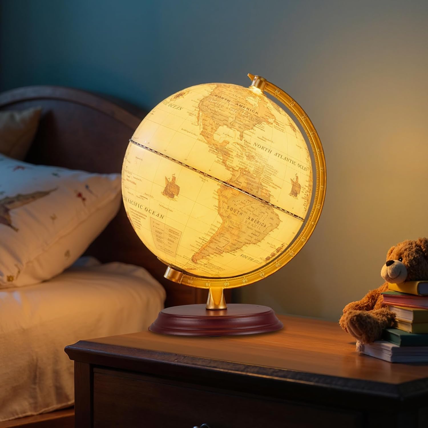 Goplus 8 Inch Illuminated World Globe, Night Light up Globe Lamp with Wooden Stand and HD Map for Adults Home Office, Desktop Decoration (Bronze)