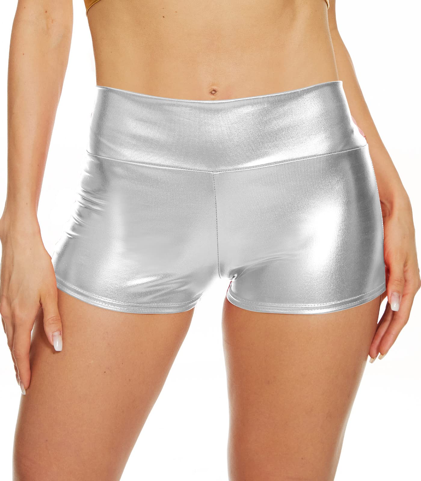 Women's Metallic Rave Booty Shorts Shiny High Waisted Shorts Dance Festival Bottoms