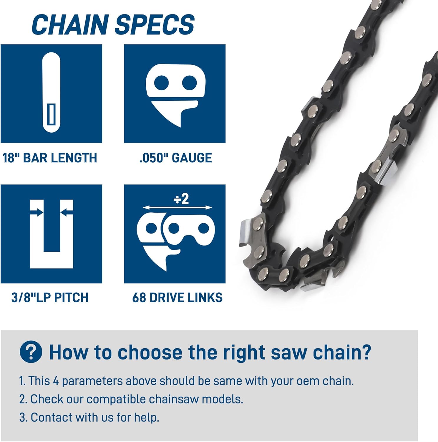 SawWorks 3-Pack 18 Inch Chainsaw Chain 3/8" Pitch .050" Gauge 68 Drive Links Fits S83G Husqvarna 455(Rancher), 460(Rancher), Oregon E68, D68 and More