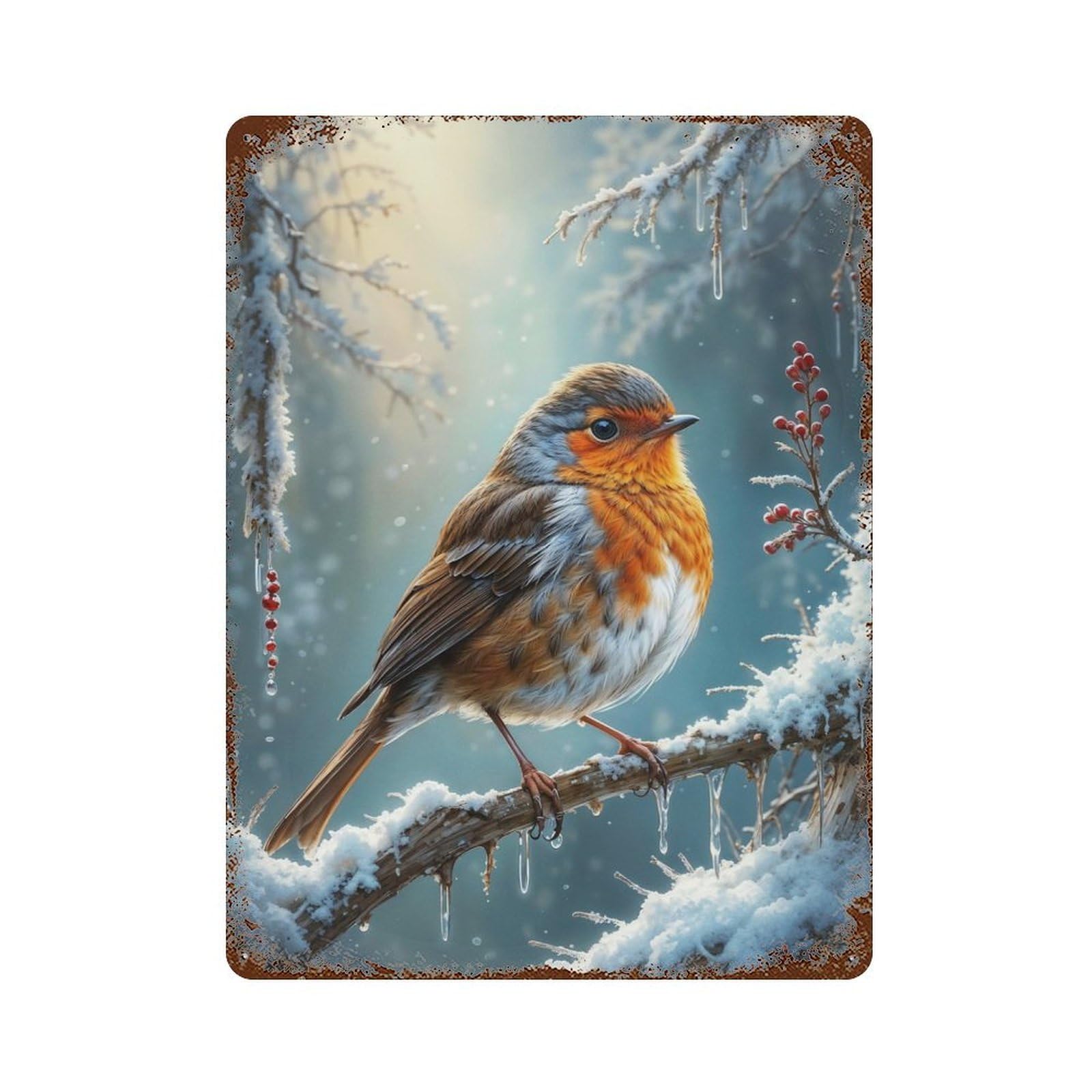 Aged Metal Wall Plaque with Robin Redbreast Winter Design 15.7"x11.8", for Garage, Bar And Workshop Decor, Rustic Home Decor