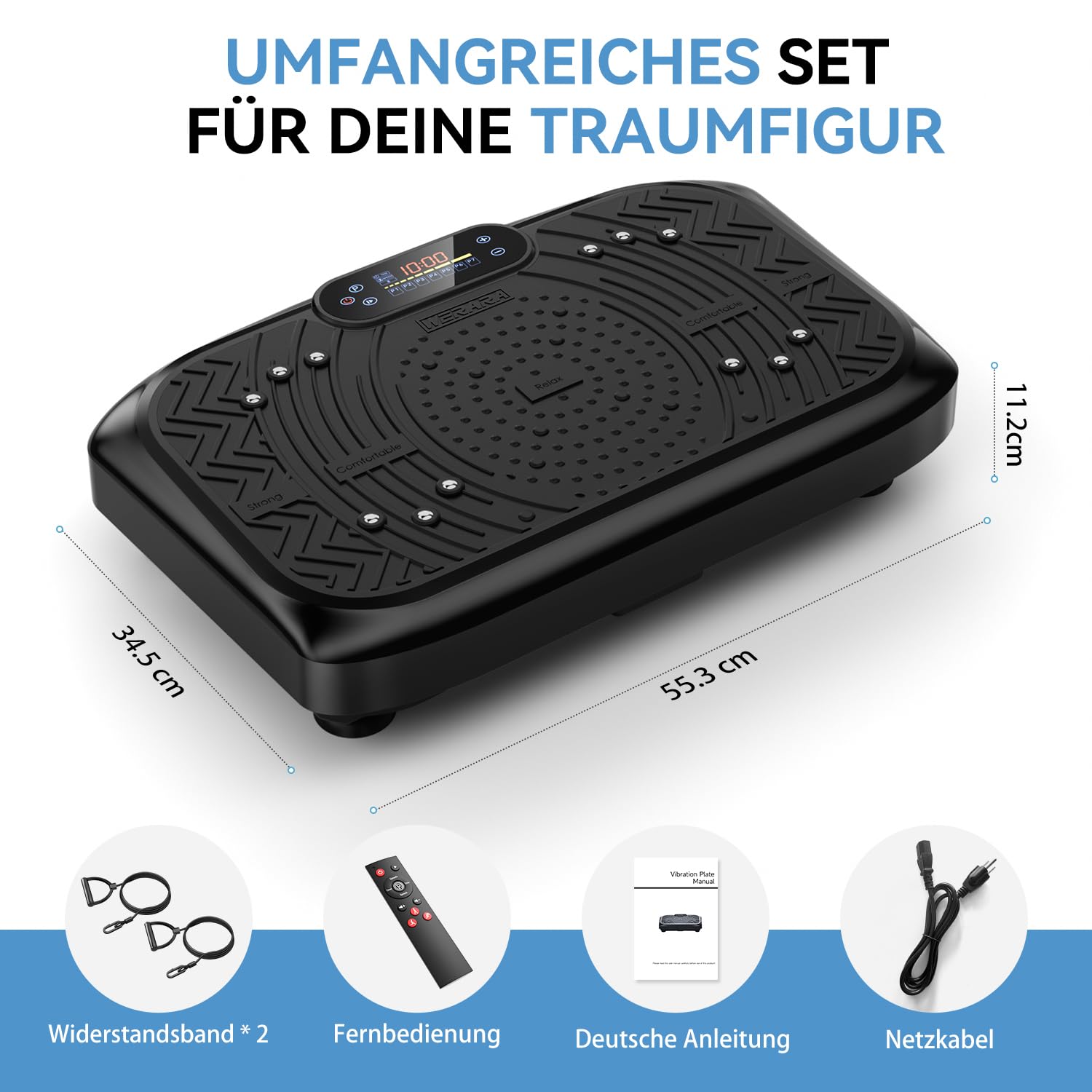 Vibrationsplatte mit App, Rüttelplatte Lymphdrainage bis 220KG | Starker 200W Motor, 199 Stufen Rüttelplatte Fitnessgerät zum Abnehmen, Bluetooth, LED Display & Trainingsbänder für Zuhause