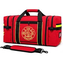 Firefighter Turnout Gear Bag Heavy Duty Fire Resistant Equipment Duffel with Ventilation Pocket, Reflective Striping, Name Holder & Padded Shoulder Strap Fireman Gear Bag Red