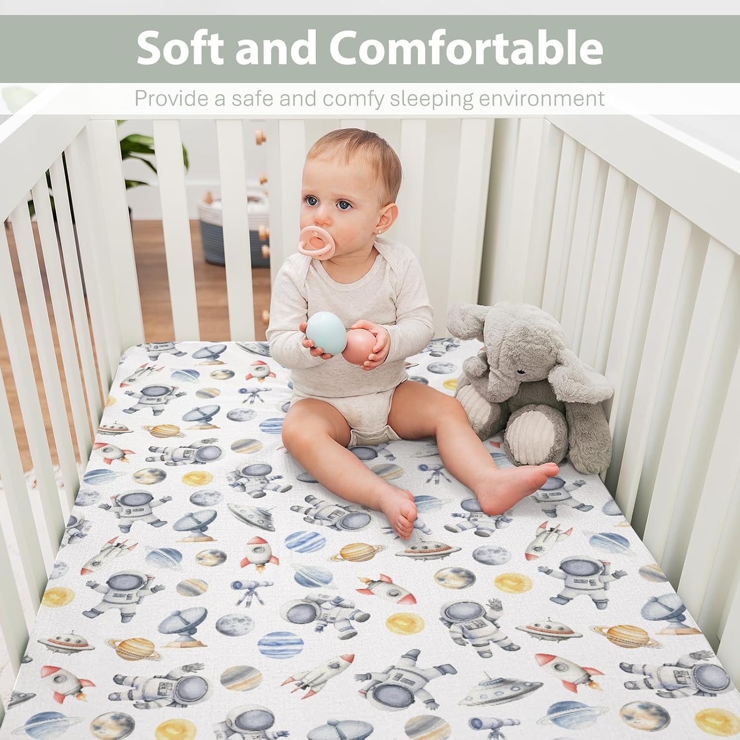 Space Astronaut Alien Rocket Watercolor Baby Crib Sheets for Boy Girl 52x28 Planes Galaxy Cosmos Soft Snug Fitted Crib Mattress Covers Universe Adventure Baby Sheet for Crib & Toddler Bed Mattresses
