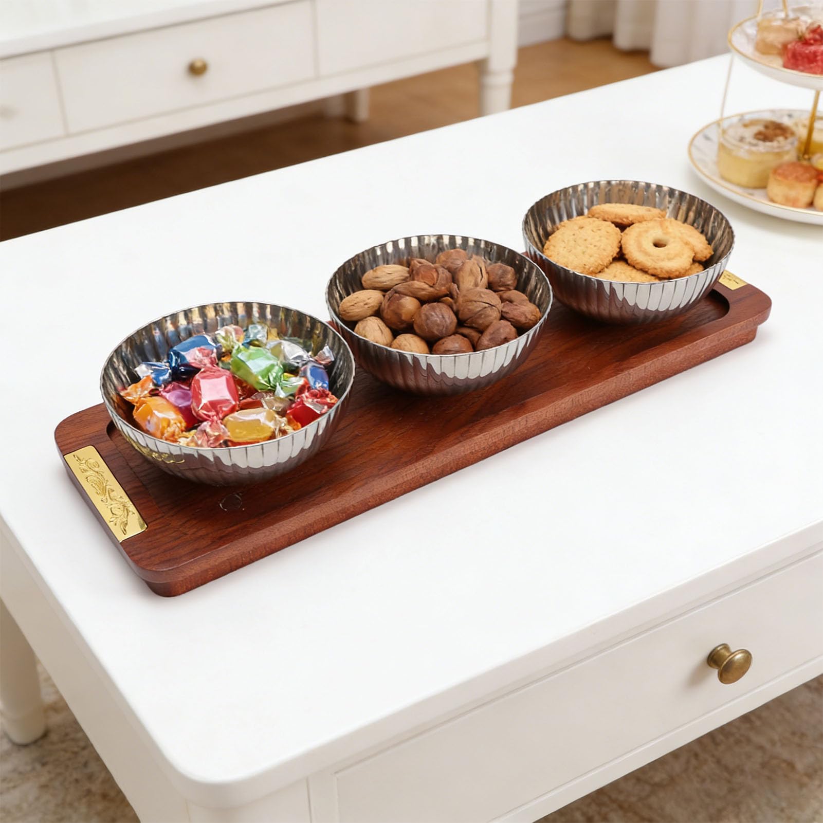 Set 3 Ciotole Per Snack Con Vassoio In Legno, Ciotole Piccole Per Salse In Acciaio Inossidabile, Ideali Per Condimenti Contorni Noci Dessert Compleanni Feste Matrimoni Decorazioni