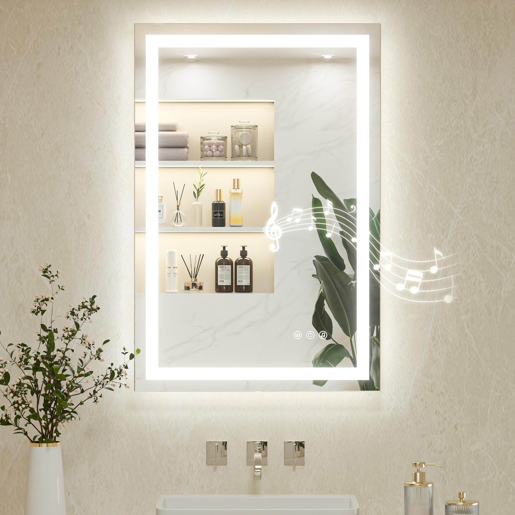 Keonjinn 60x90cm Bluetooth Bathroom Mirror with LED Lights, Antifog Vanity Mirror with Lights Back and Front Lit 3 Colour Dimmable Illuminated Wall Mounted Rectangle Digital Mirrors