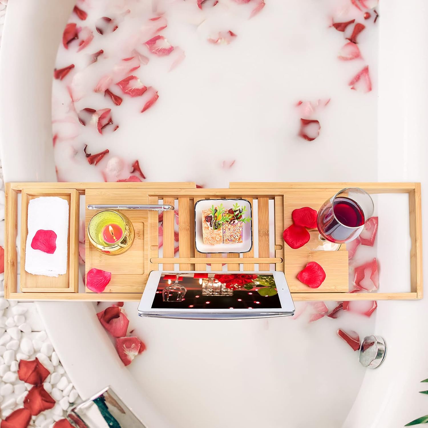 Bamboo Bathtub Tray Expandable Bathtub Caddy with Book Rack or Tablet