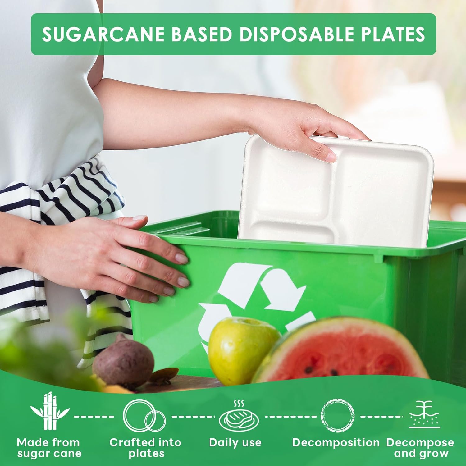 Gezond 100% Compostable 5 Compartment Plates 12.5 * 8.6 Inch, 100 Pack Disposable School Lunch Trays, Eco-Friendly Sugarcane Plates for Party Buffet Lunch Dinner - Image 5